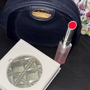 Dior Bundle: Navy Pouch/Silver Compact Mirror/Lip Glow balm 015